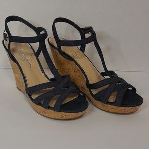 Jessica Simpson Javawn Women's 9M Denim T-Strap Cork Wedge Heel Pre-owned